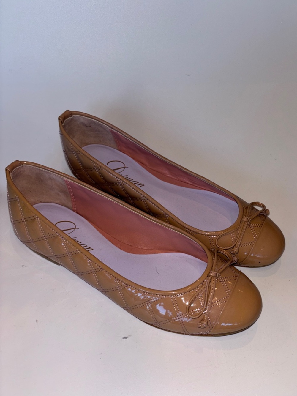 Delman Tan Patent Quilted Ballet Flats with Bow